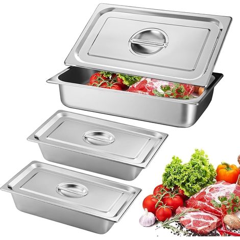 Lot De 3 Bac Inox Alimentaire, Récipients en Acier Inoxydable avec Couvercle, Plat Four Rectangulaire, Plats à Four en Acier Inoxydable, Récipient Gastronorme Alimentaire, 32,5 x 17,5 x 6,5 cm (1/5)