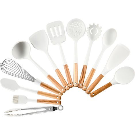 Ensemble de 12 ustensiles de cuisine en silicone avec manche en bois, résistants à la chaleur et support inclus (blanc). (1/5)