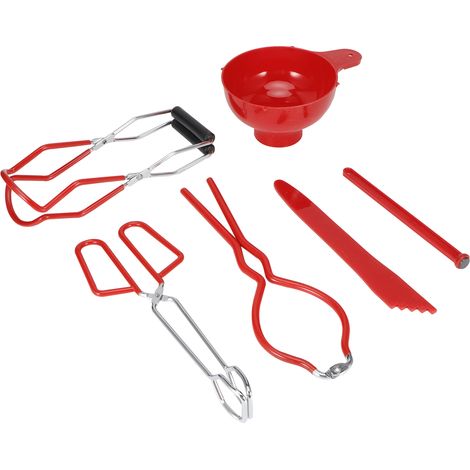 6-teiliges Einmachset: Rutschfeste Zange, Glasheber, Glasschlüssel, Deckelheber, Trichter und Messlöffel (Rot) (1/5)