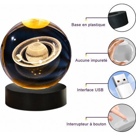 Veilleuse 3D boule de cristal K9 Saturne avec socle noir 2,5 W diamètre 6 cm noir réf 0388 13,5 × 8,5 × 8,5 cm 380 g – Livraison gratuite