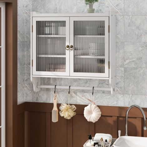 DESMIU Armoire murale vintage 2 portes et 3 niches avec étagères réglables pour salle de bain cuisine salle à manger en verre blanc blanchi 63 × 60 × 18 cm (1/5)