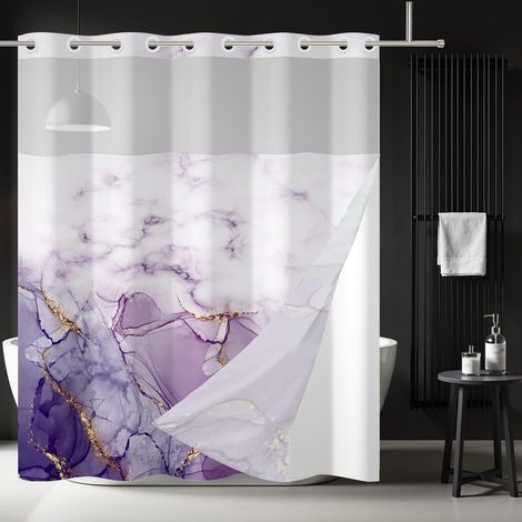 Rideau de Douche sans Crochets Rideau de Douche sans Crochet en marbre Violet avec Doublure encliquetable Double Couche fenêtre supérieure Transparente décor de Salle de Bain 180x180cm (1/5)