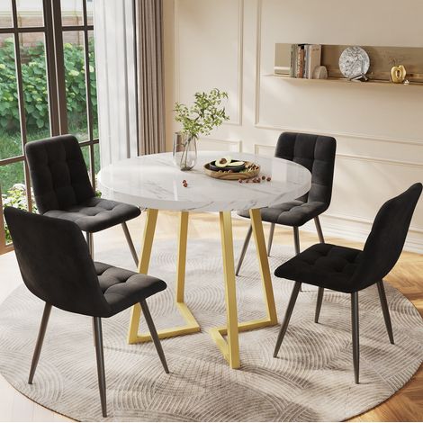 Conjunto de comedor 5 piezas MDF y metal multicolor, mesa redonda Ø80x75 cm con 4 sillas de terciopelo (1/5)
