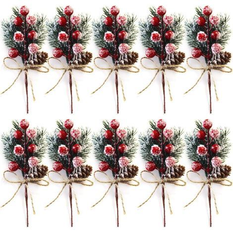 Set of 10 Red Christmas Berry Stems, 15cm - Small Artificial Christmas Picks and Sprays with Pine Cones, Holly, Christmas Berries, Flower Decorations for Christmas Wreaths (1/4)