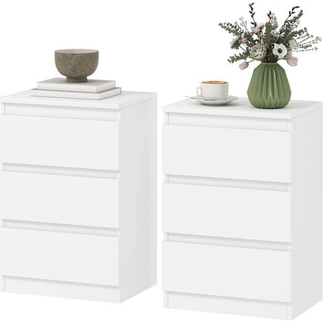 2er-Set weiße grifflose Nachttische mit 3 Schubladen, MDF, 40 x 30 x 59,5 cm (1/5)