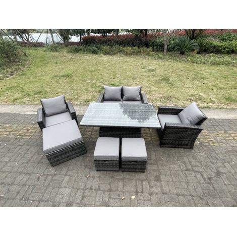 Fimous Rattan Outdoor Furniture Adjustable Rising Lifting Rectangle Dining Table Chairs Two Seater Love Sofa Sets 3 Footstools 7 Seater (1/5)