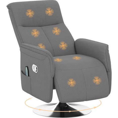 Fauteuil massant inclinable pivotant gris 68,5x77x117cm avec dossier et repose-pieds réglables, relaxation confortable