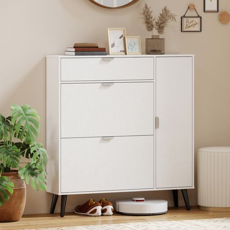 Zapatero estrecho con 2 compartimentos abatibles, puertas de piel de lichi y estantes ajustables, blanco.
