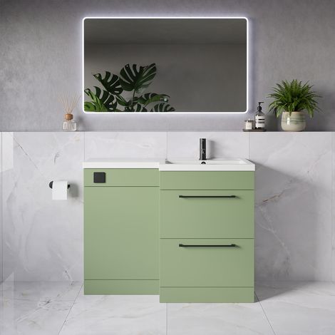 Napoli 390 Olive Green 1100mm 2 Drawer Vanity Unit Toilet Suite with Square Right Hand Lucia Basin - 1100mm - Matt Black 320mm HandleWithout Kingston Toilet Pan