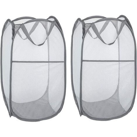 Panier à Linge [Lot de 2] Corbeilles à Linge Pliable Pop Up en Maille Filet Sac à Linge Panier à Linge Pliable avec Manipuler, Gris (1/5)