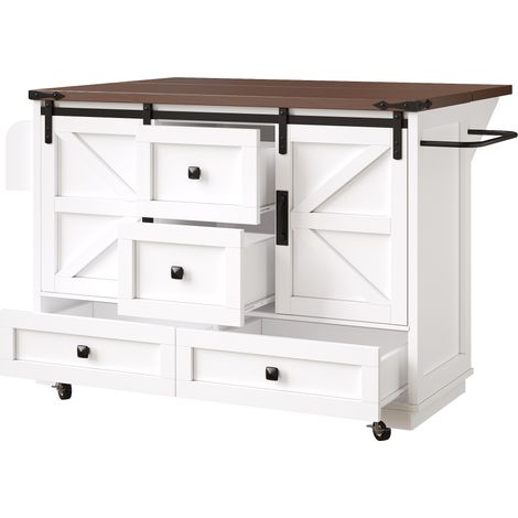 Îlot de cuisine mobile multifonction avec table pliante, 3 tiroirs, 2 portes coulissantes et espace de stockage, métal et MDF, hauteur de travail 92,5 cm (1/5)