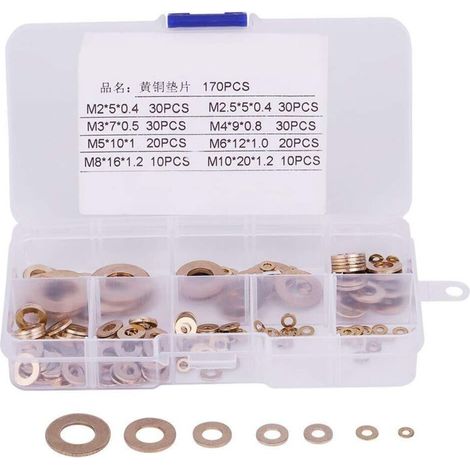 Boîte 180 rondelles plates laiton – M2–M10 – Joint fileté robuste pour quincaillerie & mécanique