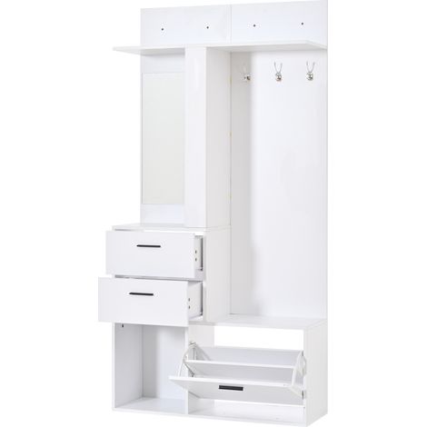 Perchero de entrada con zapatero, espejo, 2 cajones y 3 ganchos, MDF blanco, 90 x 30 x 180 cm (1/5)