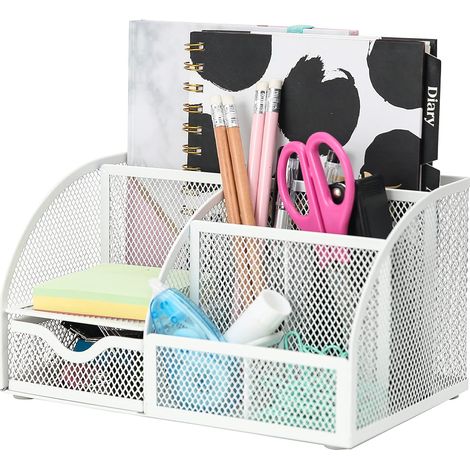 Organiseur bureau 7 compartiments métal mesh, caddy rangement stylos notes documents, accessoire bureau école (1/5)