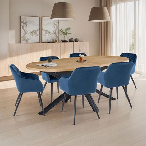 M&S – Ensemble table extensible 180-240 cm avec 6 chaises en velours bleu – Pieds en métal thermosoudés – Confort moelleux et allure tendance