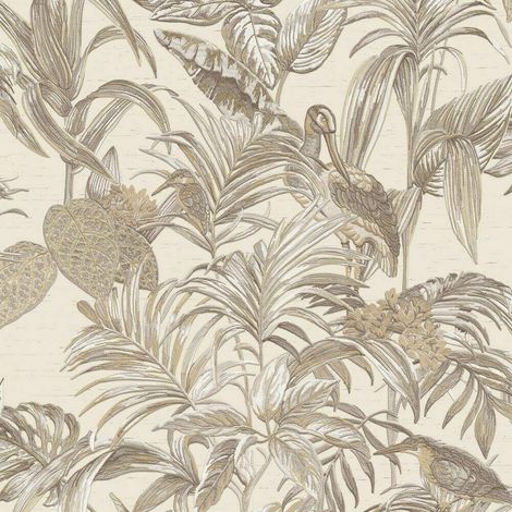 Cream Beige Tropical Wallpaper Birds Palm Textured Paste the Wall Vinyl (1/2)