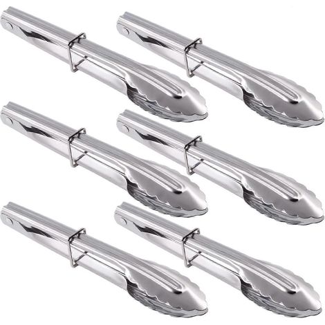 Mini pinces de cuisine en acier inoxydable avec 7 anneaux anti-sédiments, lot de 6 petites pinces pour servir amuse-gueules, desserts, salades, barbecues et cuisine (argenté) (1/4)