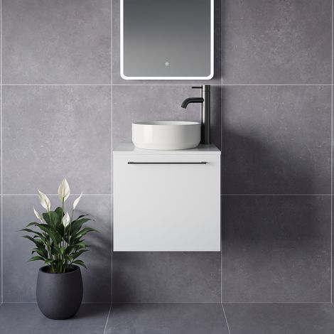 Napoli 390 Gloss White 500mm Wall Mounted Single Drawer Vanity Unit for Countertop Basins - 500mm - Gunmetal Grey 320mm Handle