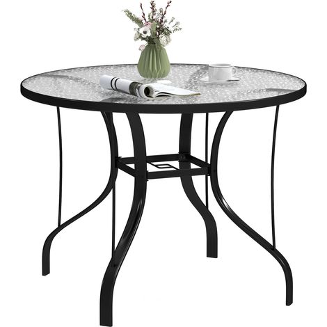 Tavolino da Giardino Rotondo Ø96.5x71 cm con Foro per Ombrellone in Metallo e Vetro Temperato Nero (1/5)