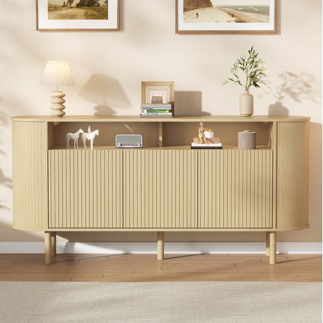 Credenza 160x40x78,5 cm a 3 ante ondulate, nicchia aperta, piedi in legno, naturale (1/5)