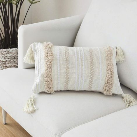 Housse de coussin décoratif, housse de coussin beige 12 x 20 pour canapé et lit, housse de coussin en coton tissé matelassé avec pompons pour salon, bureau et voiture, coussin lombaire 30 x 50, beige (1/4)