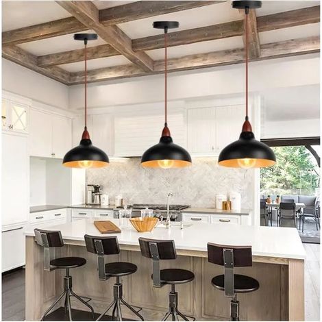 Yowei Lot de 3 Retro Suspension Luminaire Industrielle Lampe Plafonnier Vintage en Bois de noyer pour Salon Chambre (1/4)