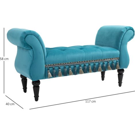 Panca imbottita con rivestimento in velluto, braccioli, panca da letto con struttura in legno, panca porta scarpe per camera da letto, soggiorno, corridoio, 117 x 40 x 58 cm, blu