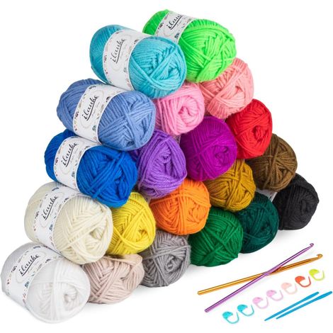Filato multicolore per uncinetto, 20 gomitoli da 30 g di lana acrilica e filato per maglieria, 4 fili di filato per uncinetto a mano con 2 uncinetti + 2 aghi da cucito + 8 anelli di marcatura per cuci