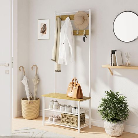 Porte-manteau en bois avec assise, porte-manteau de couloir avec banc à chaussures et étagère à chaussures, étagère à 3 niveaux et 4 crochets amovibles, blanc (1/5)