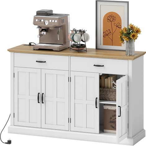 Buffet avec port USB et TV multi-unités blanc 2 placards portes grange, 2 tables, étagères réglables