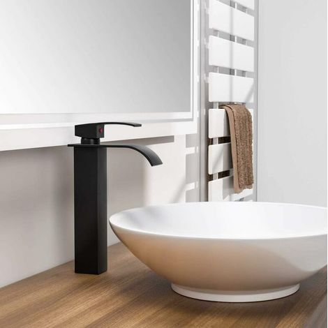Robinet de salle de bain cascade à levier unique noir mitigeur de lavabo carré en laiton (1/4)