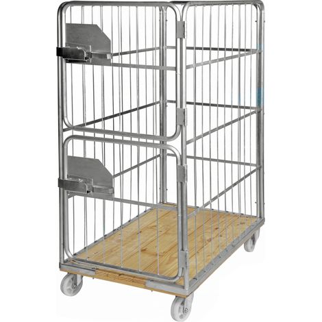 Kongamek Rollcontainer verzinkt 1200x750x1700mm mit Holzboden, 4 Gitterwänden 100x380mm und 2 halb öffnende Türen ohne Bremse