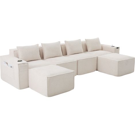 Divano modulare 4 posti in velluto a coste beige con 2 pouf, portabicchieri e tasche laterali (1/5)