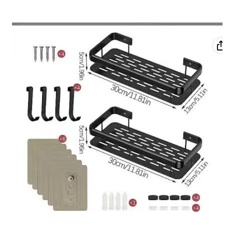 2er-Set Duschregal ohne Bohren, Badezimmer-Wandregal aus Aluminium mit 4 Haken, selbstklebende Duschhalterung, Dusche für Badezimmer/Küche/Schlafzimmer