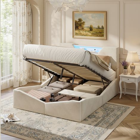 Lit coffre 160x200 cm, lit rembourré hydraulique avec 4 tiroirs, cadre de lit en métal, étagère de rangement triangulaire et tête de lit LED, beige (1/5)