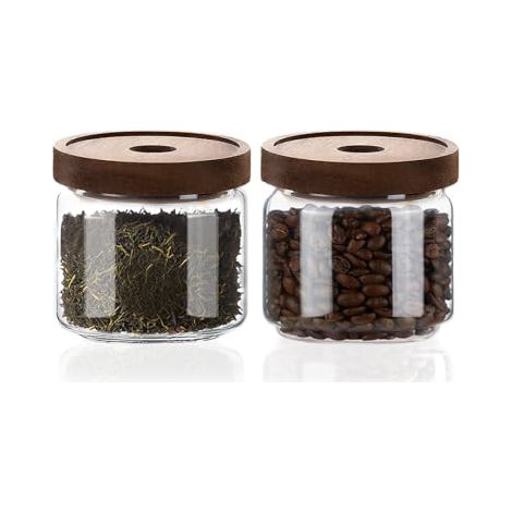 Tarros de cristal con tapas de madera herméticas - Tarros de cocina de 500 ml, tarros decorativos apilables para café molido, azúcar, té a granel, especias, sal. (1/5)