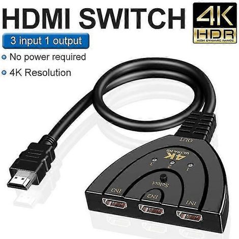 Commutateur/répartiteur HDMI 3 entrées/1 sortie, câble HDMI haute définition compatible 1080p/4K, adaptateur/hub de commutation vidéo HDMI, compatible avec les téléviseurs HD, les boîtiers TV, la PS3, (1/5)
