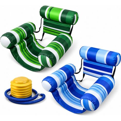 Materassino gonfiabile da piscina per adulti - 2 pezzi - Lussuoso lettino galleggiante con schienale regolabile - Perfetto per feste in piscina, spiaggia e lago - Strisce blu, strisce verdi (1/5)
