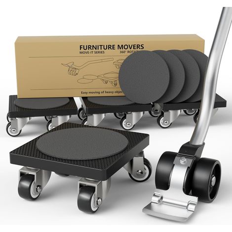 Kit Déplace Meuble avec roulettes - Dolly Standard Roulettes 360° pour Déplacer Meubles Lourds et Appareils, Capacité 227 KG, avec Lève-Meuble Auxiliaire