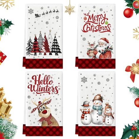 Lot de 4 Torchons de Cuisine de Noël, 18 x 26 inch Torchon Vaisselle de Noël, Torchons de Cuisine Motif Père Noëls, Decoration Noel Deco Décoration pour la Maison, la Cuisines, Le Bar (1/5)