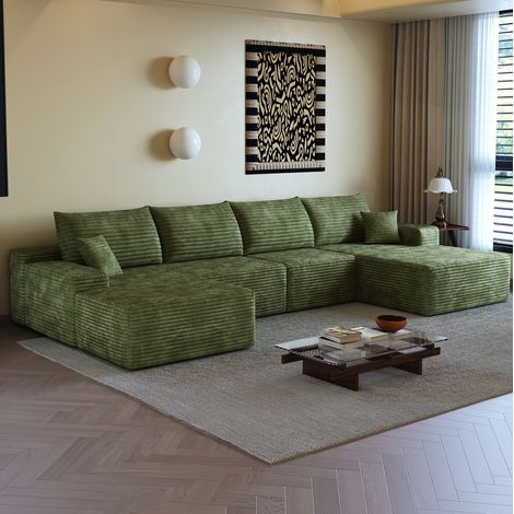 Sofá rinconero modular 340 x 175 cm con chaise longue, terciopelo acanalado verde DESVIAE (1/5)