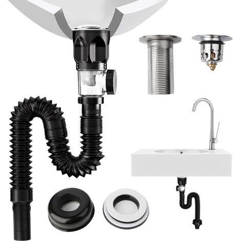 1 kit de bonde de lavabo - Kit de tuyau de vidange pour lavabo - Siphon anti-odeur - Filtre pop-up - 415 à 950 mm - Peut être étendu (1/5)