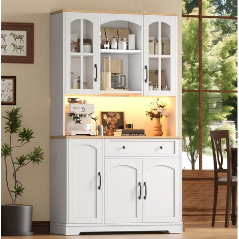 MODFU – Armoire haute cuisine Vaisselier 100x38x178 cm MDF/PB – LED RGB, 2 portes verre trempé – Tiroir et charge 60 kg – Cuisine – Blanc (1/5)