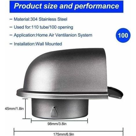 Grille aération VMC 100mm inox – Grille U avec filet anti-insectes – Conception étanche 45° – Pour ventilation murale et plafond (1/5)
