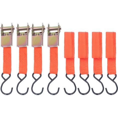 4 Sangles à cliquet de serrage pour moto voiture, lot de 4 sangles d'arrimage de 38 cm de long, 25 mm de large, orange (1/5)