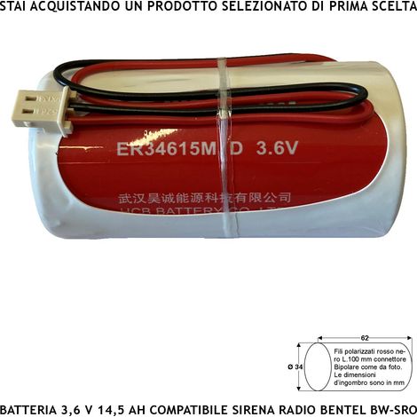 Pila litio ER34615M 3,6 V 14 Ah Batteria Non Ricaricabile Ricambio Compatibile Sirena Bentel Tecnoallarm Connettore Polarizzato Dimensioni L62XØ34 mm Peso 112 gr Pronta all'Uso Direttiva ISO 9001 (1/2)