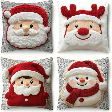Fundas de cojín decorativas navideñas, juego de 4 fundas de cojín de Papá Noel, 45 x 45 cm, en lino a cuadros, para salón, sofá o dormitorio. (1/5)