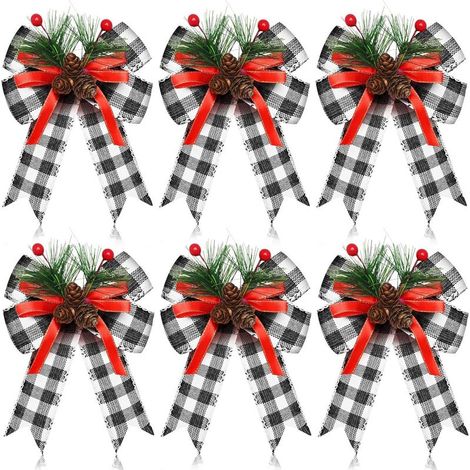 Lot de 6 nuds de Nol avec pommes de pin, aiguilles de pin, rubans noirs et blancs, décorations de couronne d'arbre de Nol pour les fêtes de Nol (1/5)
