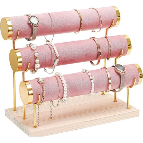 Expositor de pulseras en forma de T de 3 niveles - Extraíble - Joyero - Terciopelo - Base de madera - Para pulseras, pinzas para el pelo y relojes - Rosa (1/5)