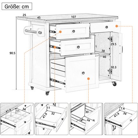 Îlot de cuisine mobile sur roulettes avec table à manger extensible, desserte de cuisine avec tiroirs multifonctionnels, idéale pour la cuisine et la salle à manger (noir) (1/5)